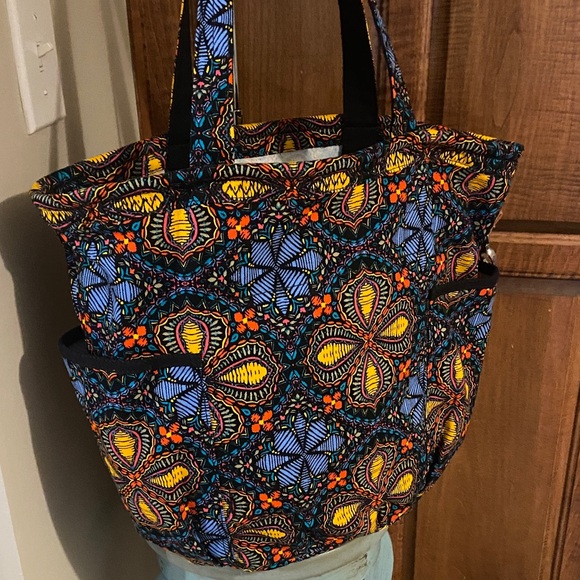 Thirty-One Retro Metro large Black tote, Colorful boho print, NWOT - Picture 4 of 6